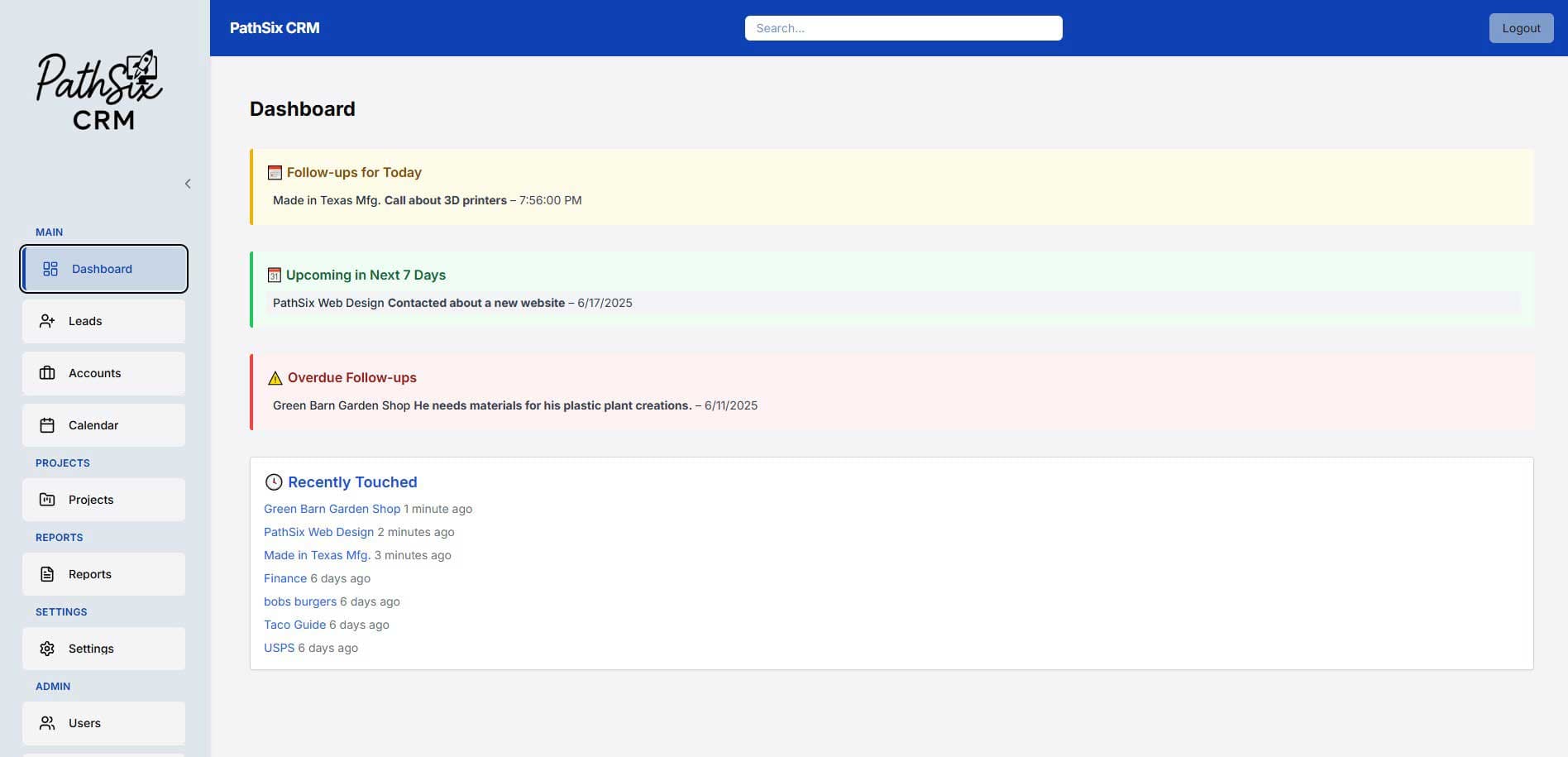 PathSix CRM dashboard